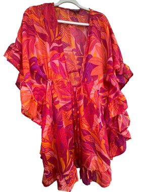 Vibrant Pink & Orange Tropical Print Kimono cover up 1X